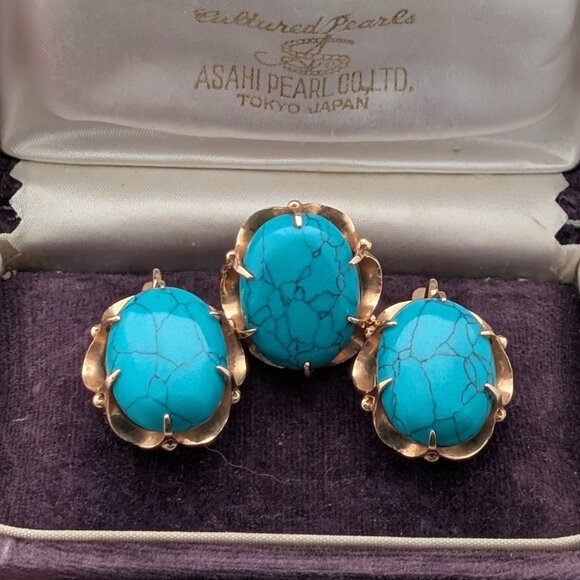 LARGE Russian Russia 14K Rose Pink Gold Turquoise Cabochon Pierced Earrings - Picture 7 of 15